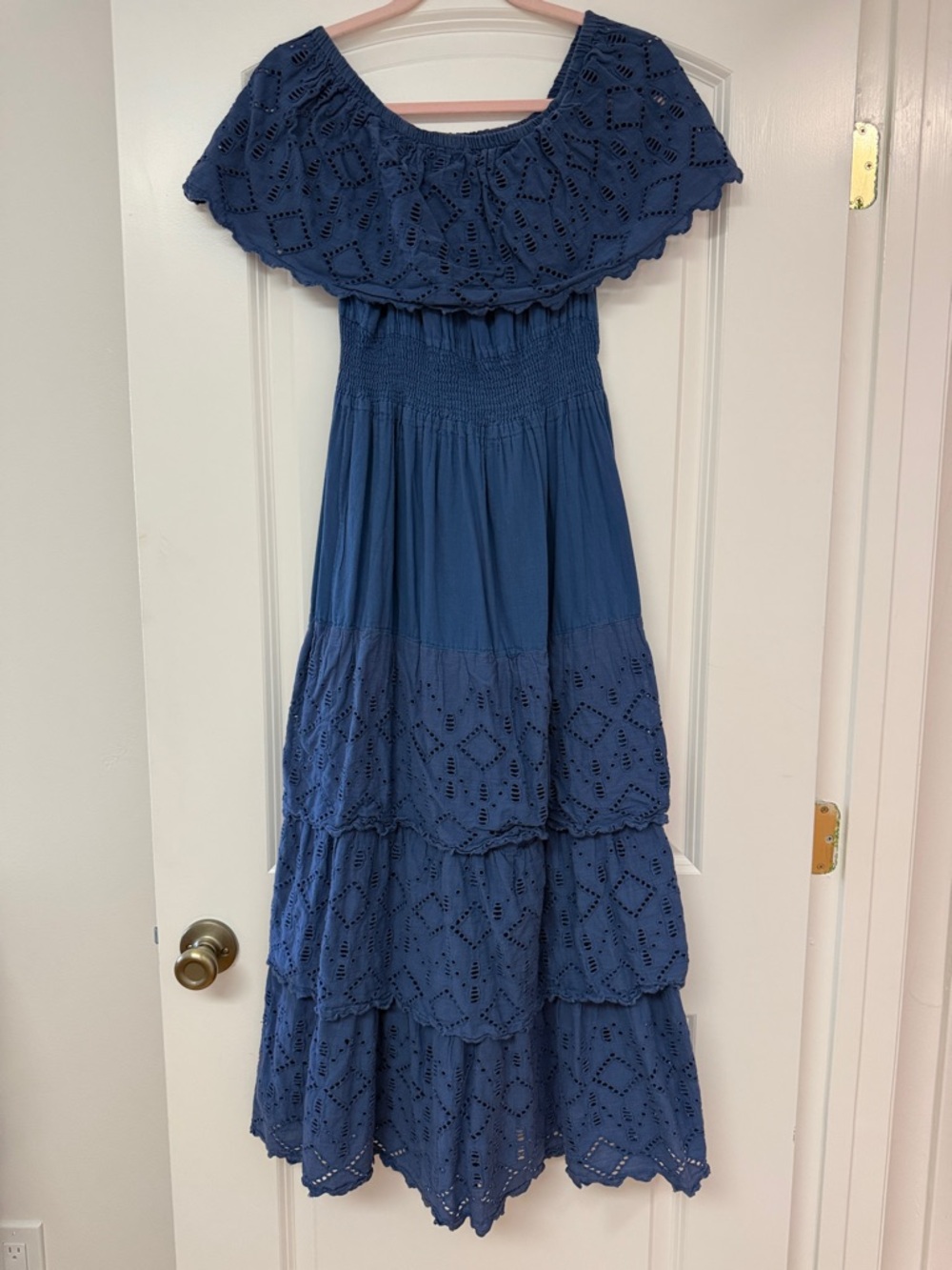 Blue Off-Shoulder Maxi Dress - Boho Tiered Eyelet